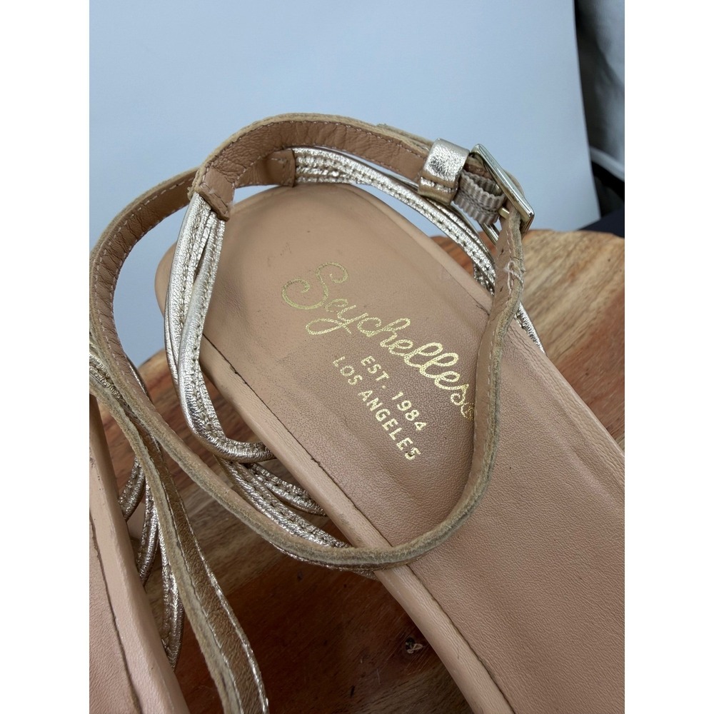 Seychelles starboard Strappy Sandals 8.5 Gold Tan Square Toe Kitten Heel Buckle - Picture 6 of 9